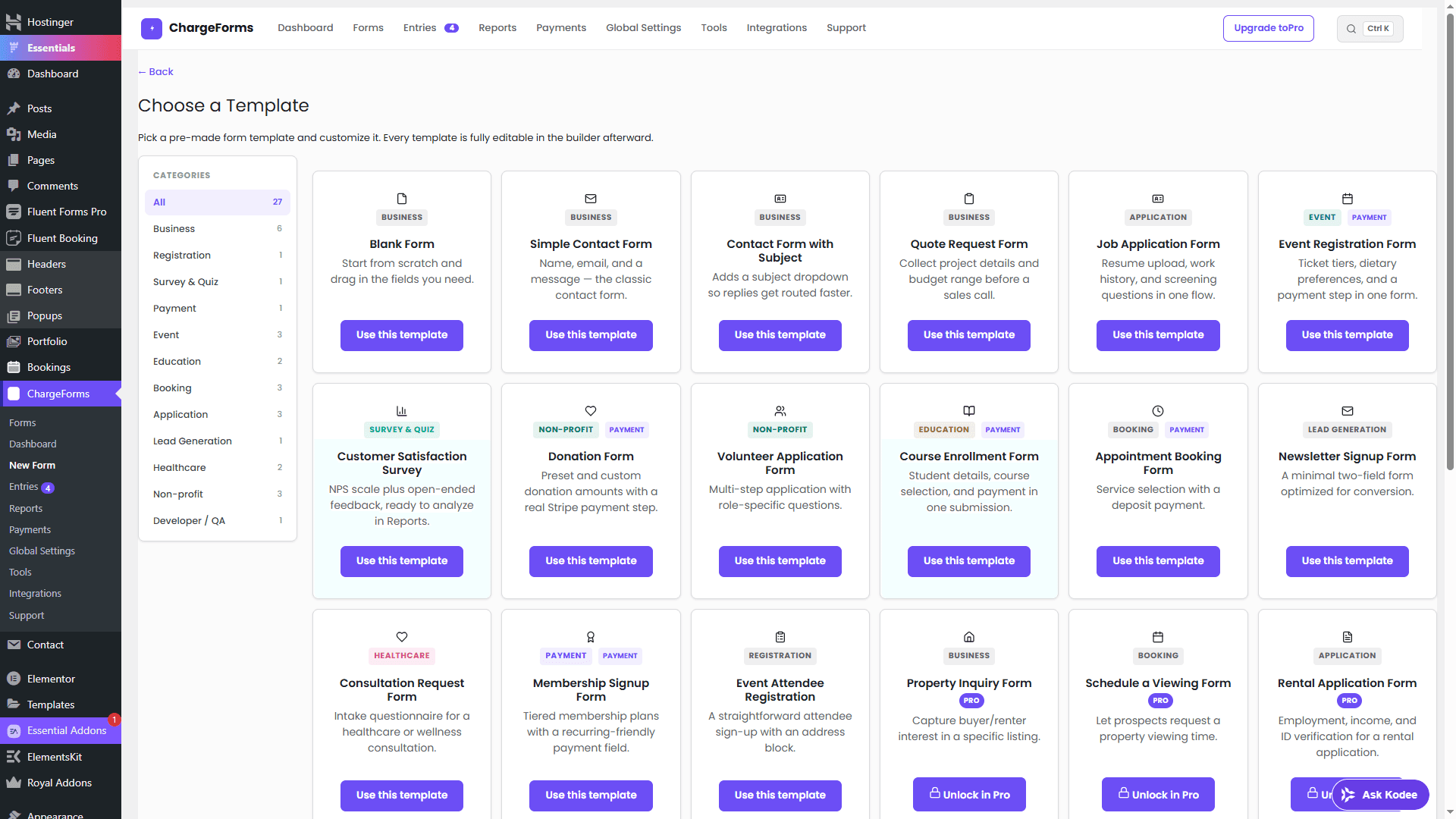 The real ChargeForms 'Choose a Template' screen, showing all 27 templates with category filters, tags, and free/Pro status