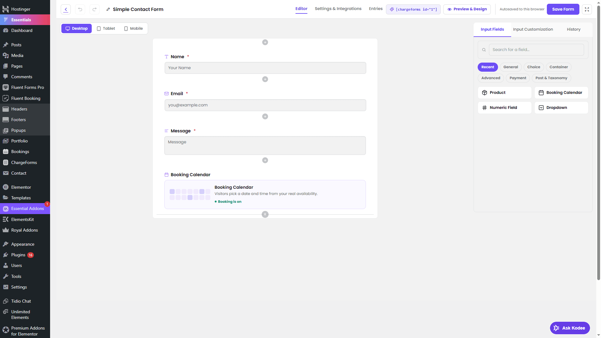 The real ChargeForms drag-and-drop builder, showing a live form canvas and a searchable field palette