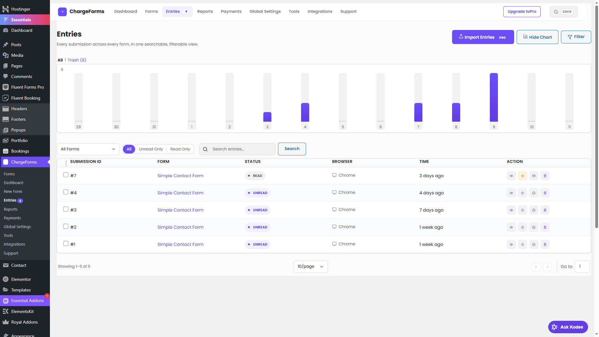 The ChargeForms Entries screen, a searchable and filterable table of every submission across every form