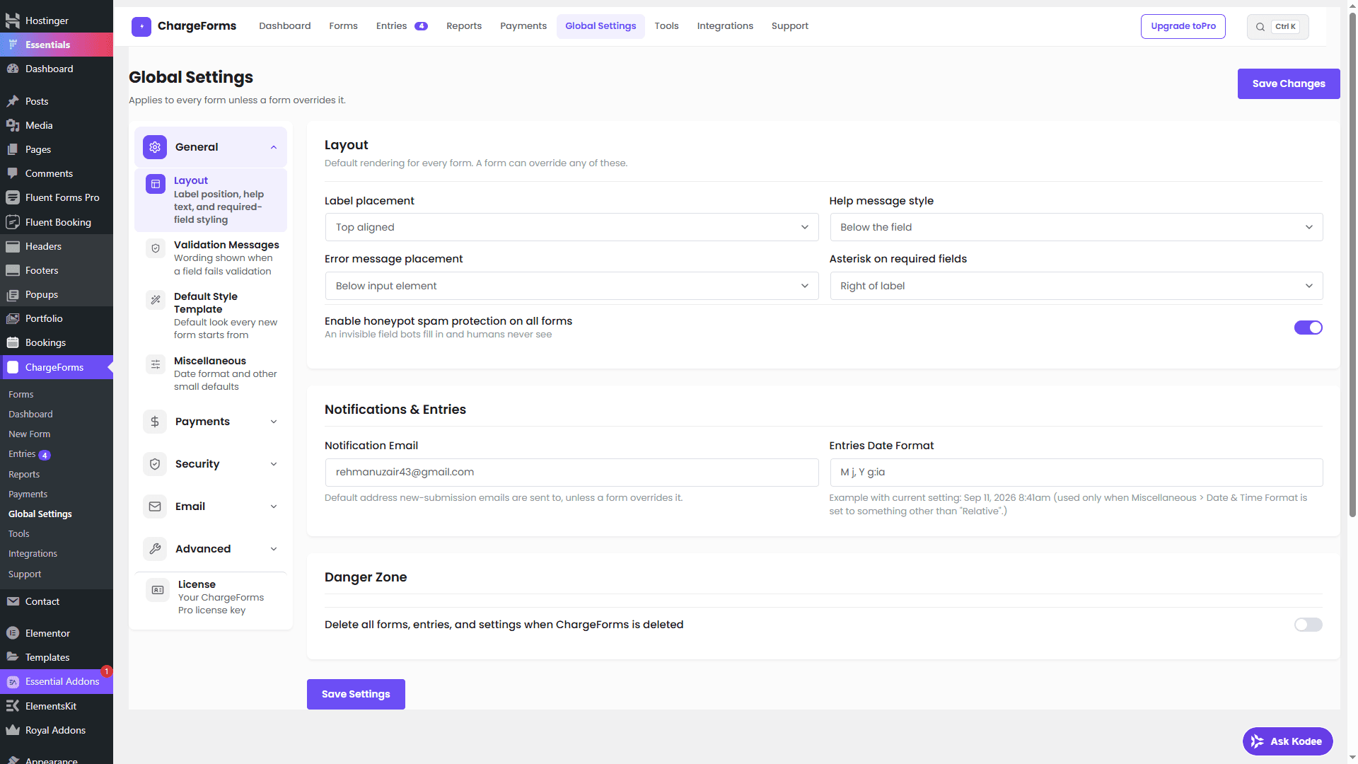 The ChargeForms Global Settings screen, showing a categorized sidebar and the active section's configuration