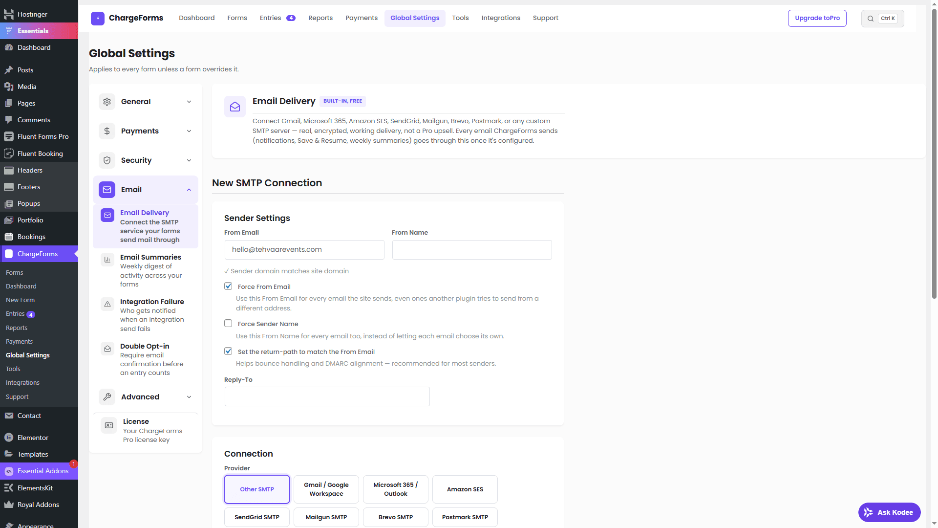 The ChargeForms Email Delivery setup screen, showing sender settings and an SMTP provider picker