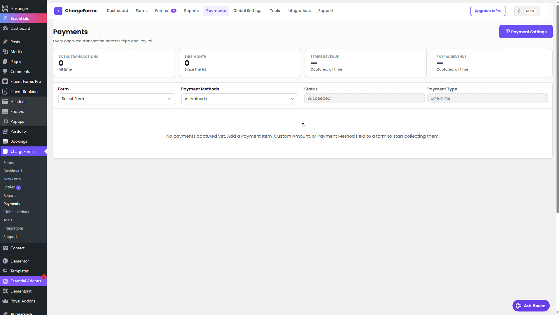 The ChargeForms Payments screen, showing captured transactions tied back to their originating form and entry