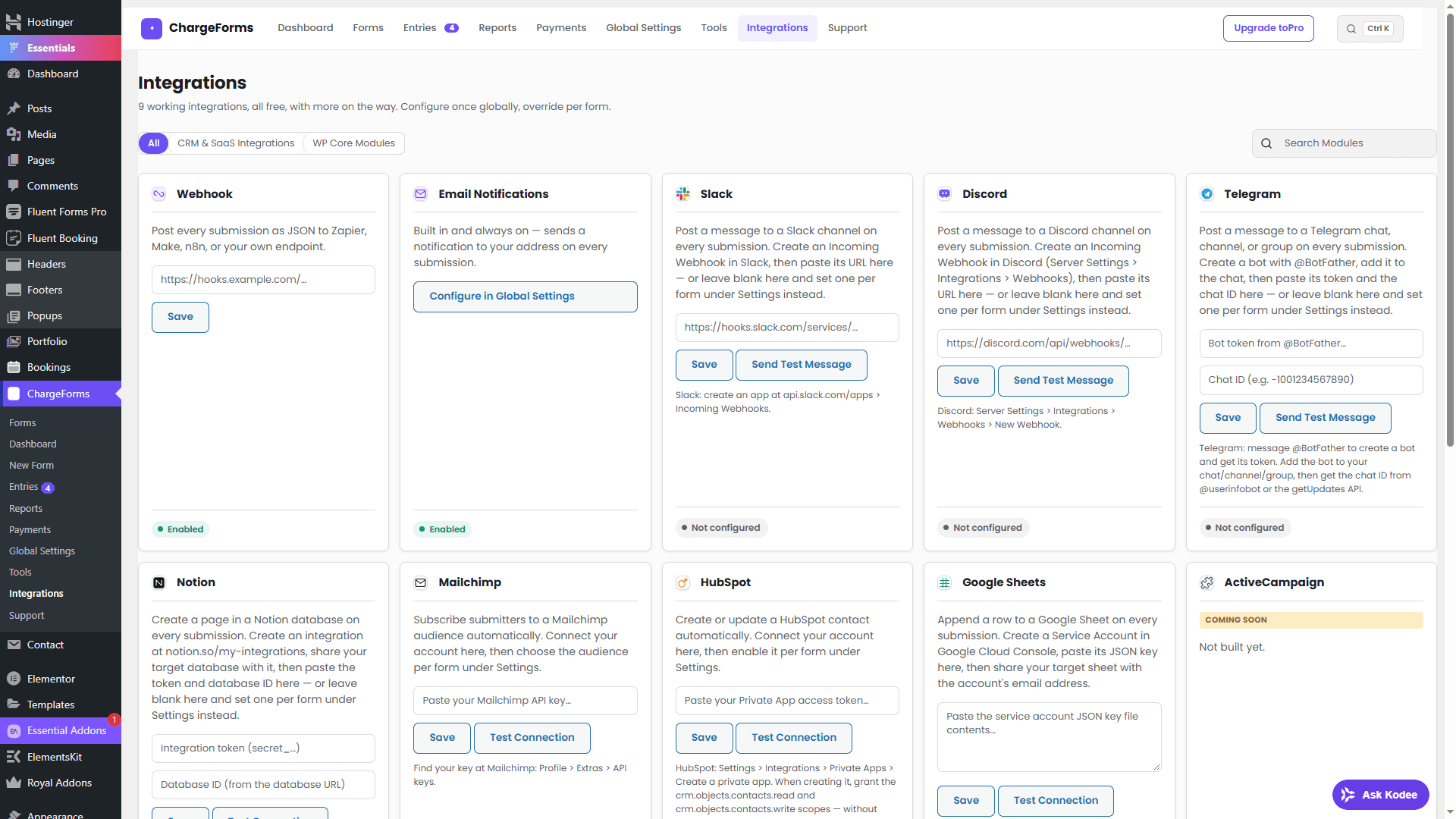 The real ChargeForms Integrations screen, showing 9 working integrations plus the honest Coming Soon list