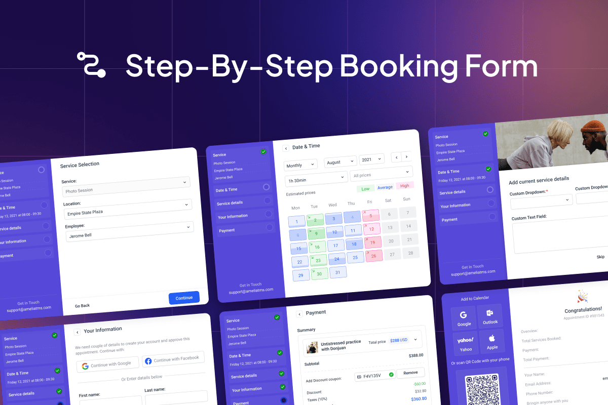 Step-by-step booking form flow showing service selection, date and time calendar, customer information, and payment summary