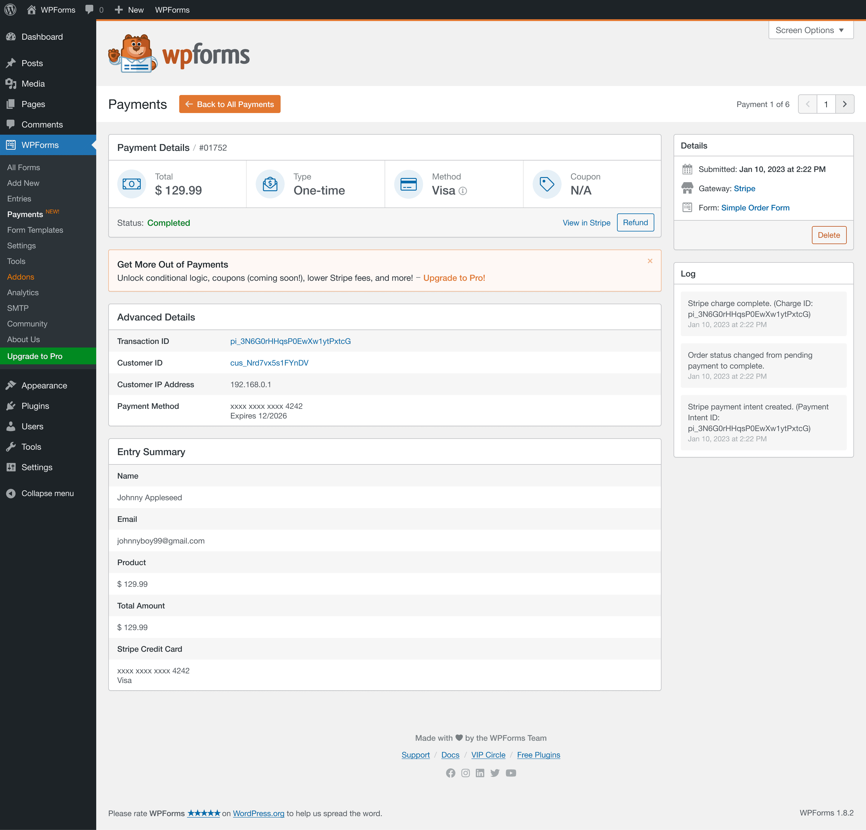 Payment details screen showing a completed transaction with transaction ID, customer details, and entry summary