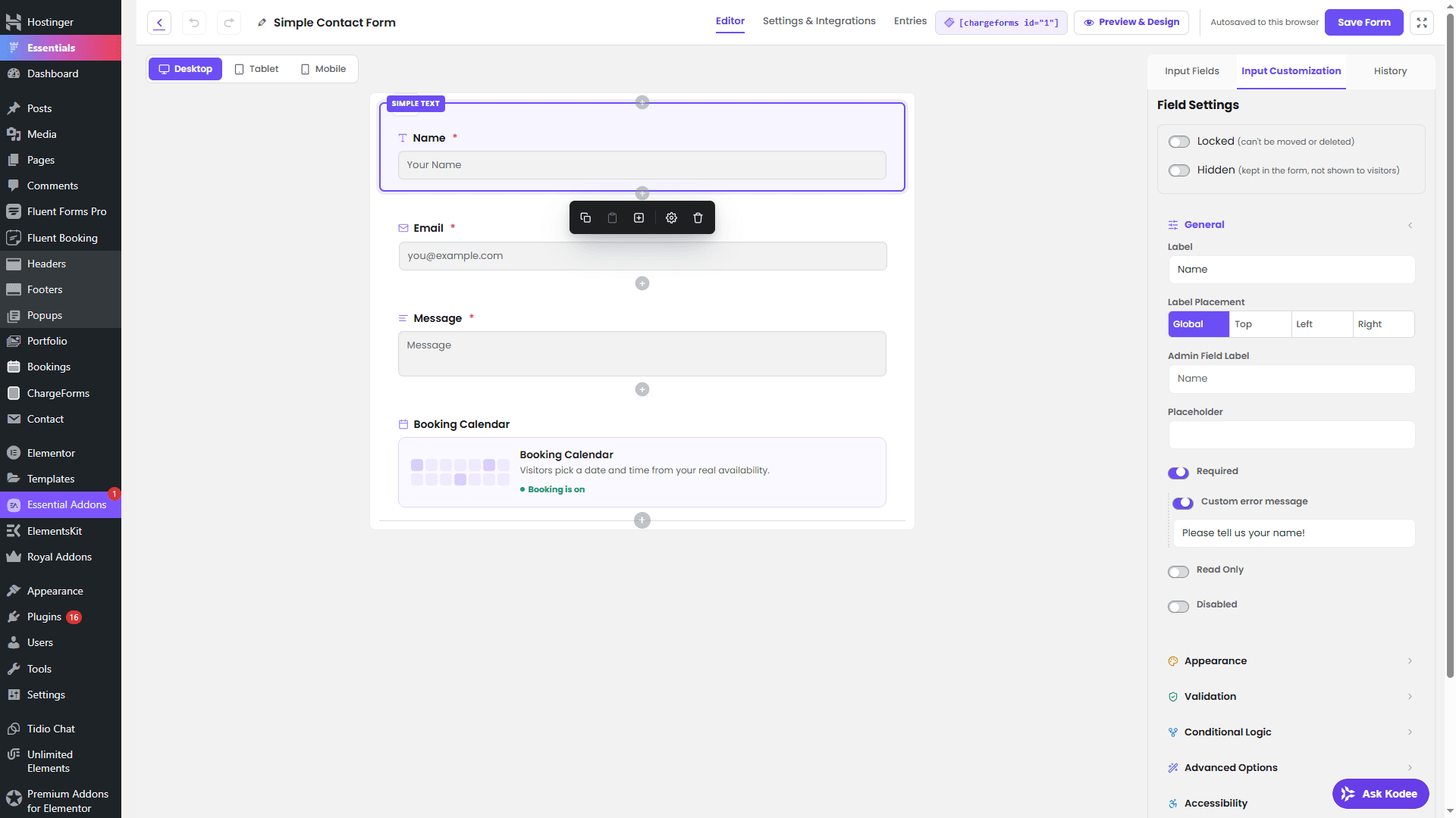 A field's full settings panel in the ChargeForms builder, showing label, placement, and validation options