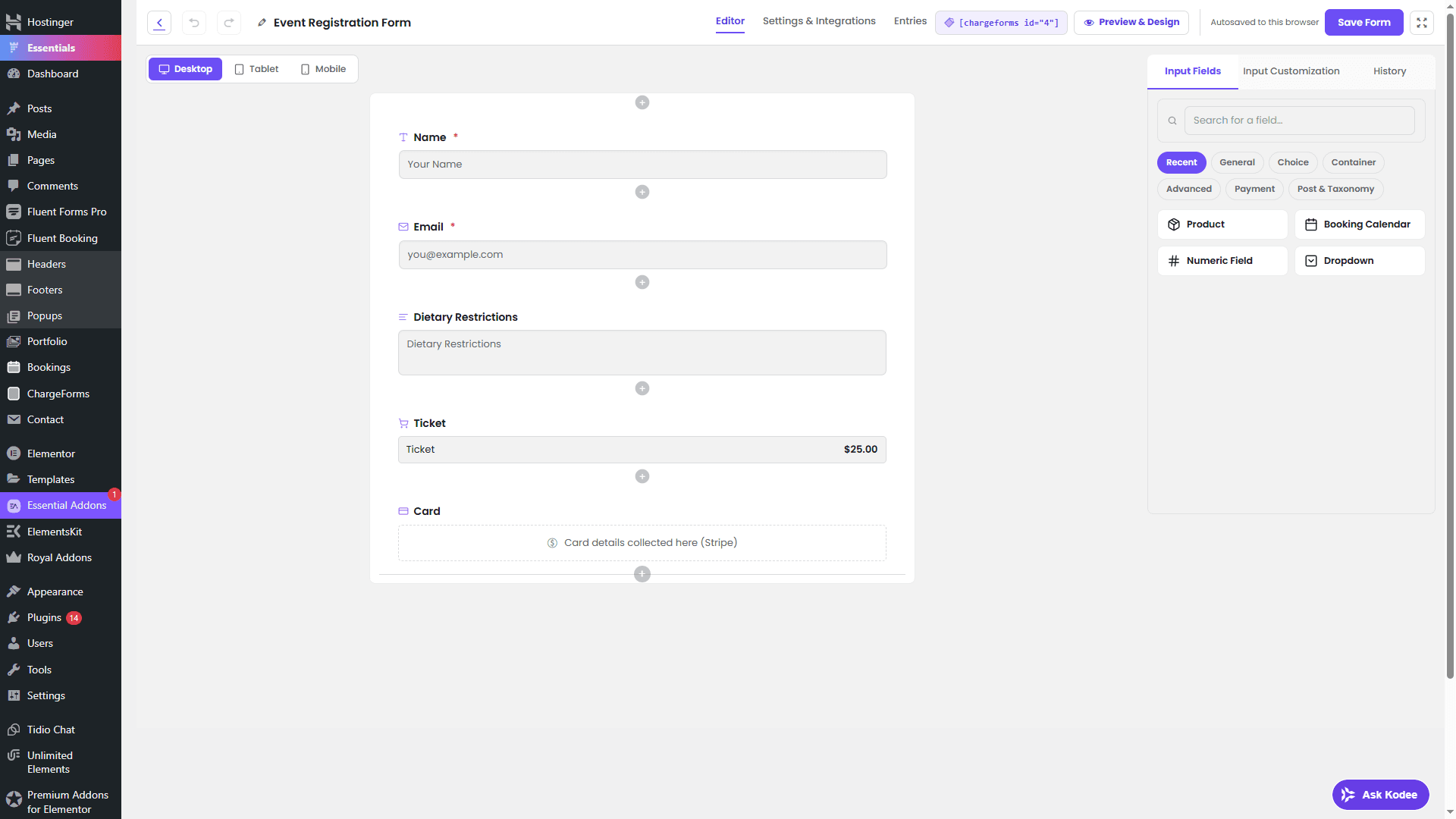 A real ChargeForms template loaded into the drag-and-drop Form Builder, ready to customize