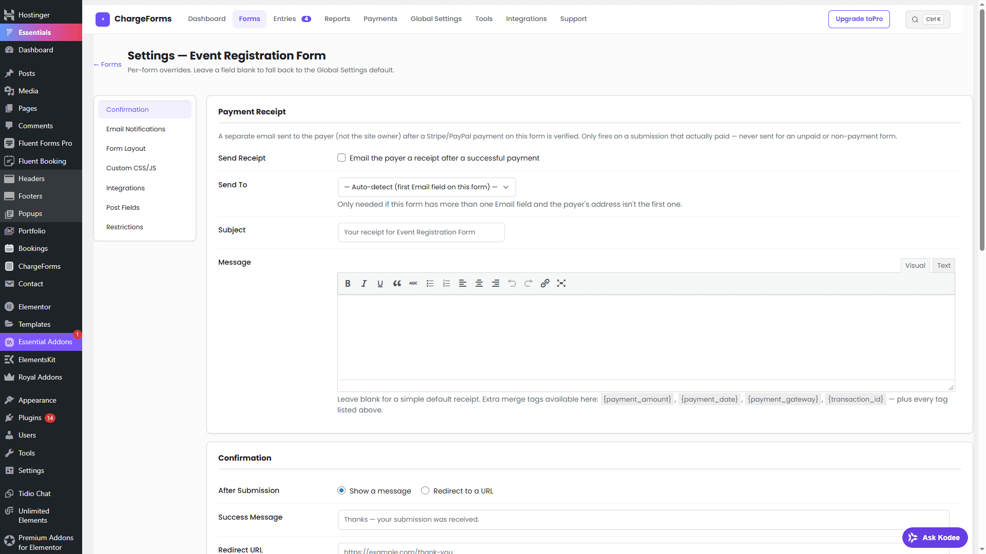 A ChargeForms form's Settings screen, showing Payment Receipt configuration and Confirmation options