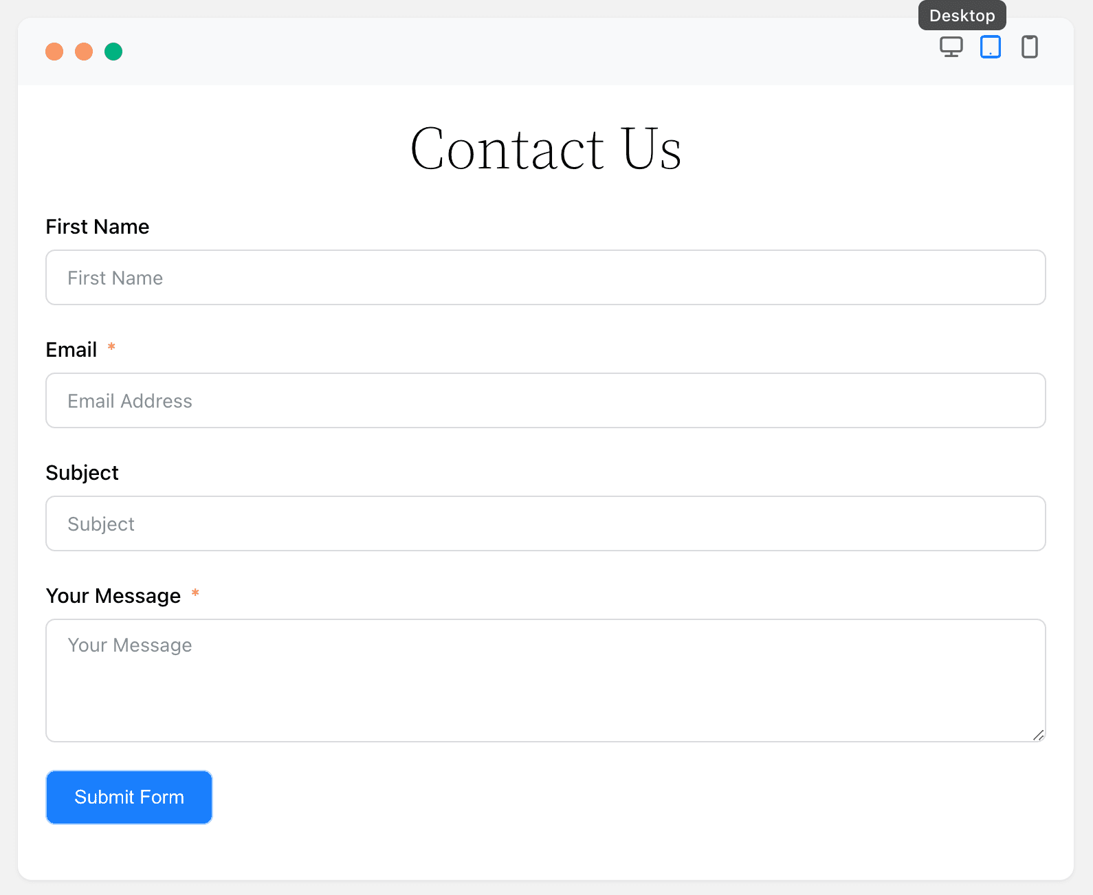 A rendered WordPress contact form showing name, email, subject, and message fields