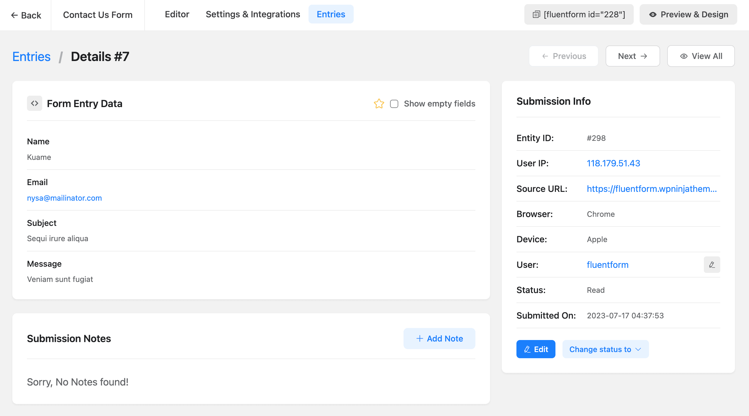 A single form submission's detail view showing entry data, submission metadata, and status controls