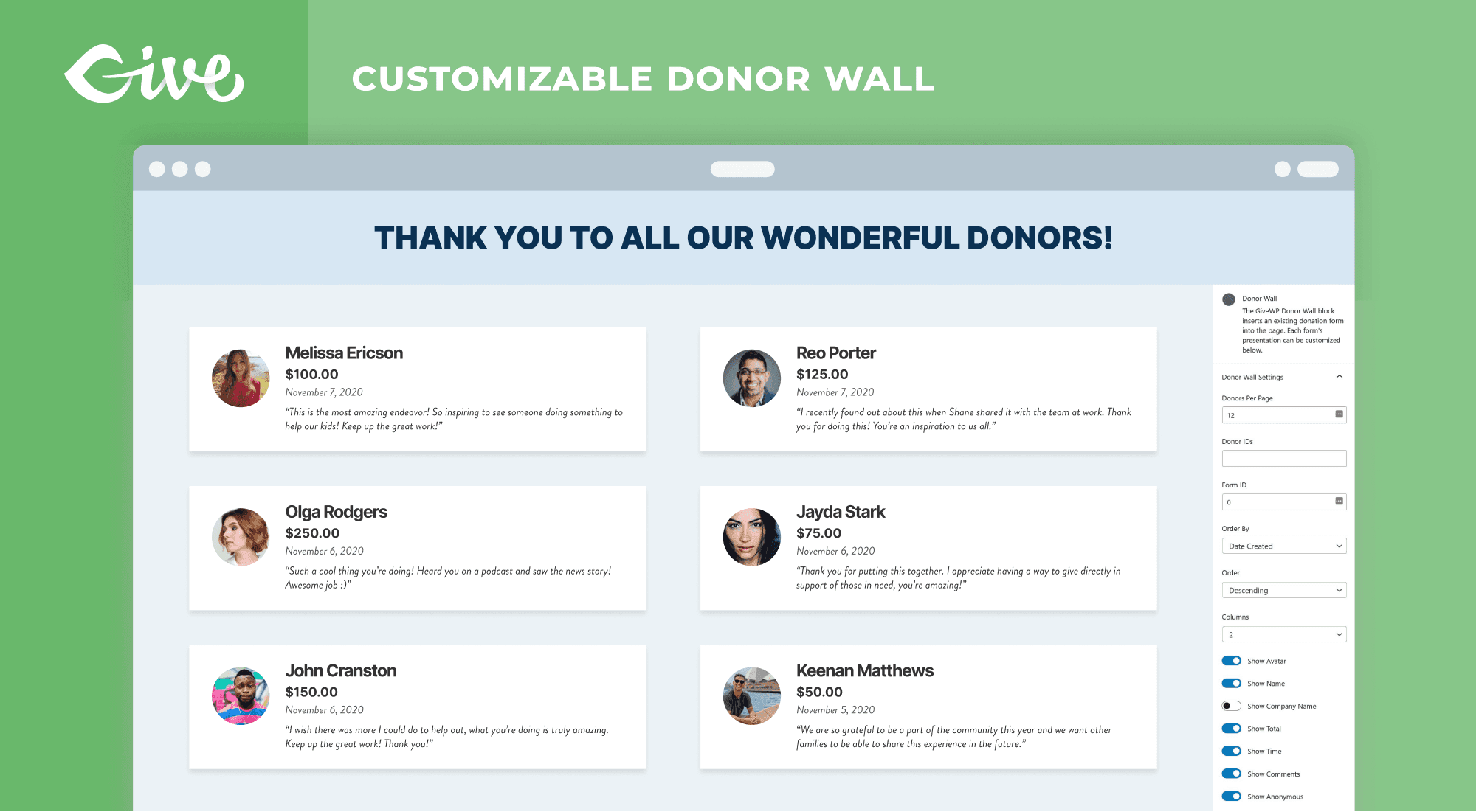 A donor wall displaying donor names, amounts given, and thank-you messages
