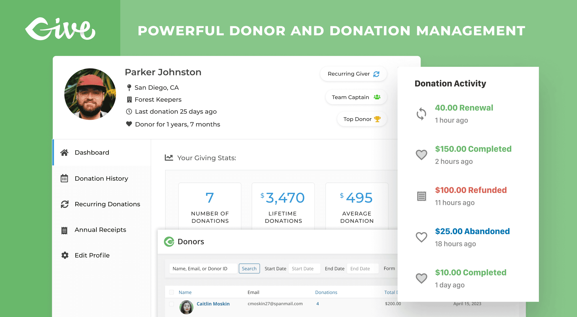 A donor dashboard showing lifetime donation total, number of donations, average donation, and recurring status