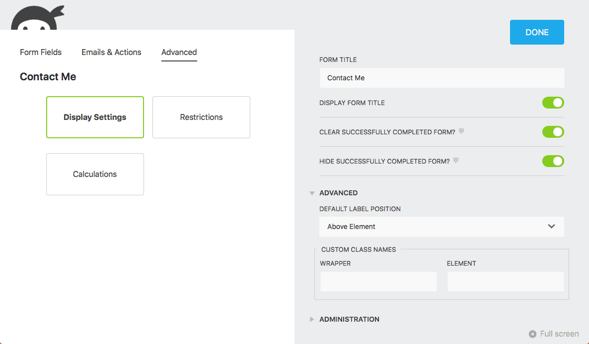 Ninja Forms advanced field settings panel showing Display Settings, Restrictions, and Calculations tabs