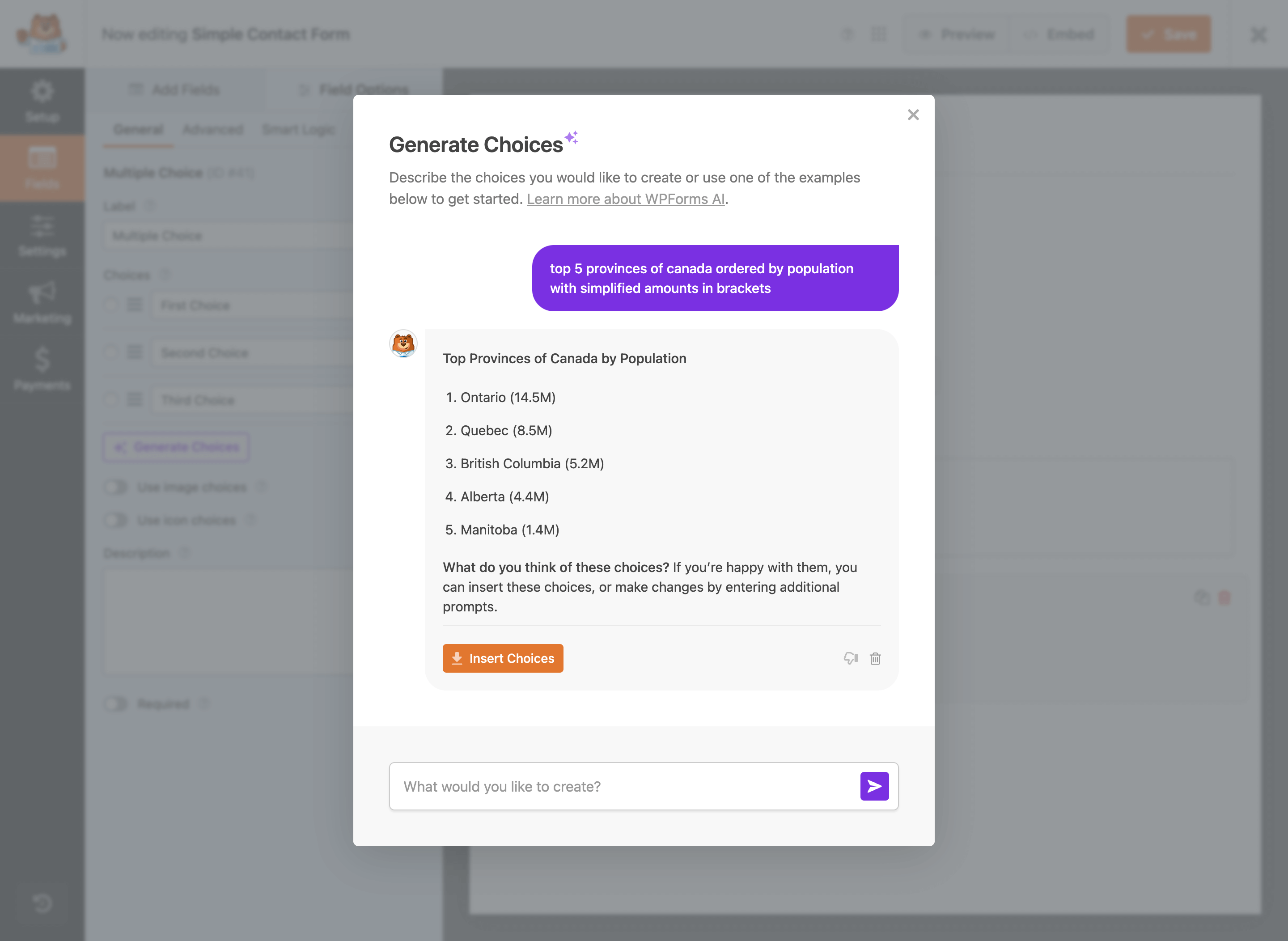 WPForms AI-generated choices modal showing suggested dropdown options